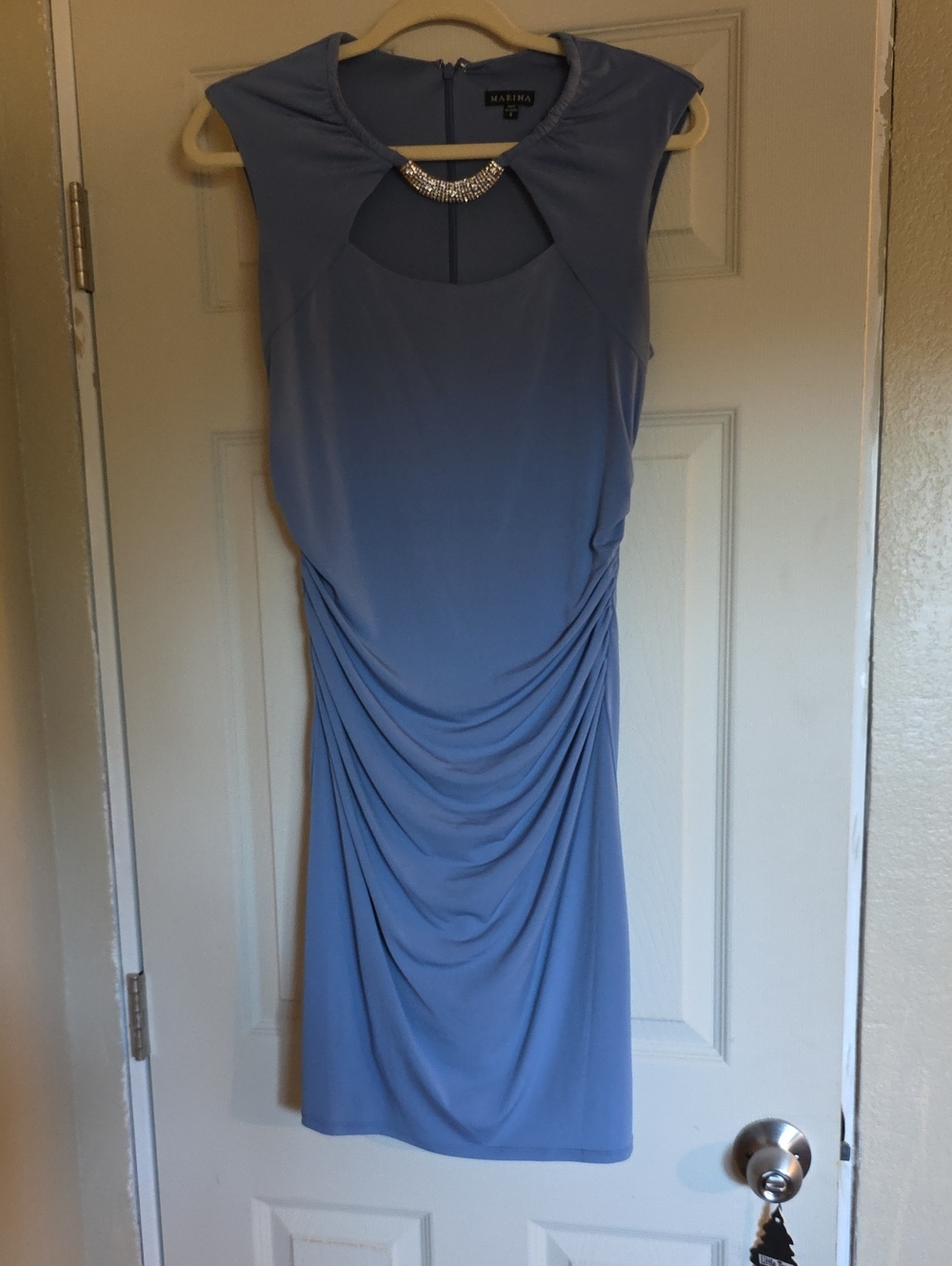 MARINA Dusty Blue Jewel-Neck Draped Midi Dress